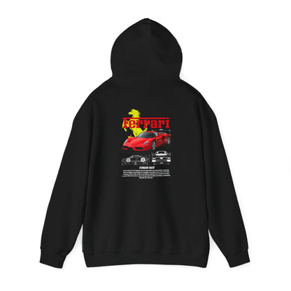 Luxury black hoodie featuring a striking Ferrari Enzo graphic print on the back, perfect for automotive enthusiasts.