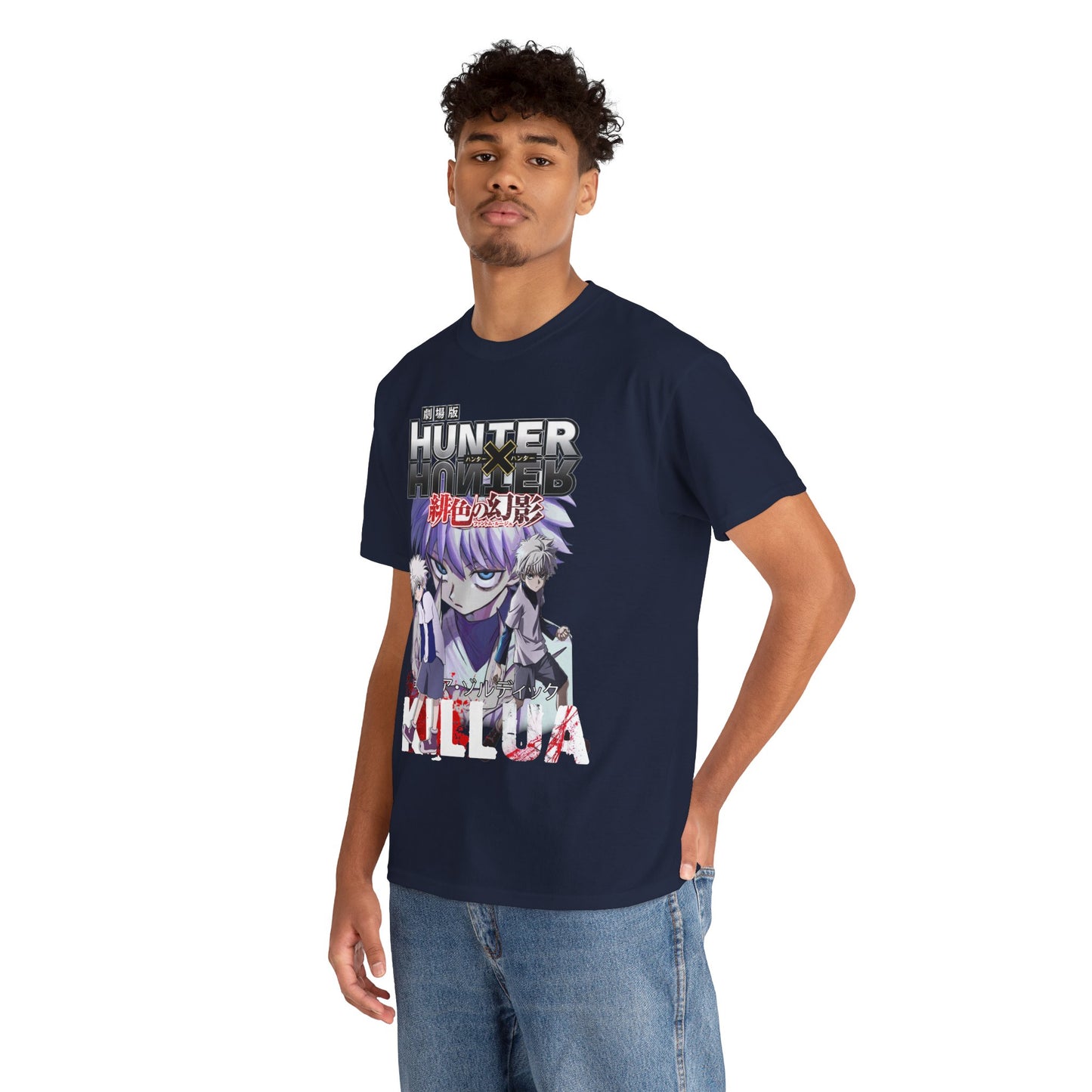 Stylish model wearing a navy blue Hunter x Hunter graphic t-shirt featuring Killua and Gon, exuding confidence and sophistication in casual attire.
