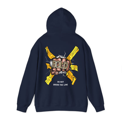 Elegant navy hoodie adorned with a vibrant fist graphic and caution tape, representing a blend of luxury and bold street fashion.