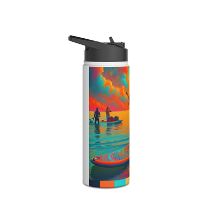 Stylish Fantasy Paddleboarding Stainless Steel Water Bottle with an artistic marine scene depicting paddleboarders at dusk, perfect for hydration on adventures.