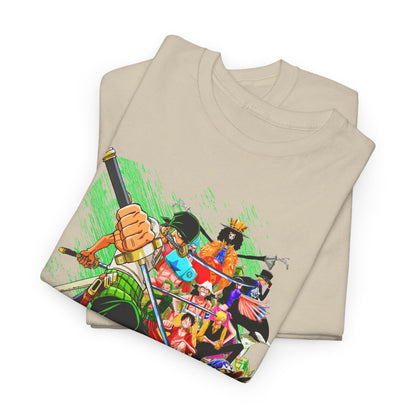 Sophisticated stacking of two beige t-shirts, prominently displaying a vibrant Zoro graphic, embodying both luxury and fandom spirit in clothing.