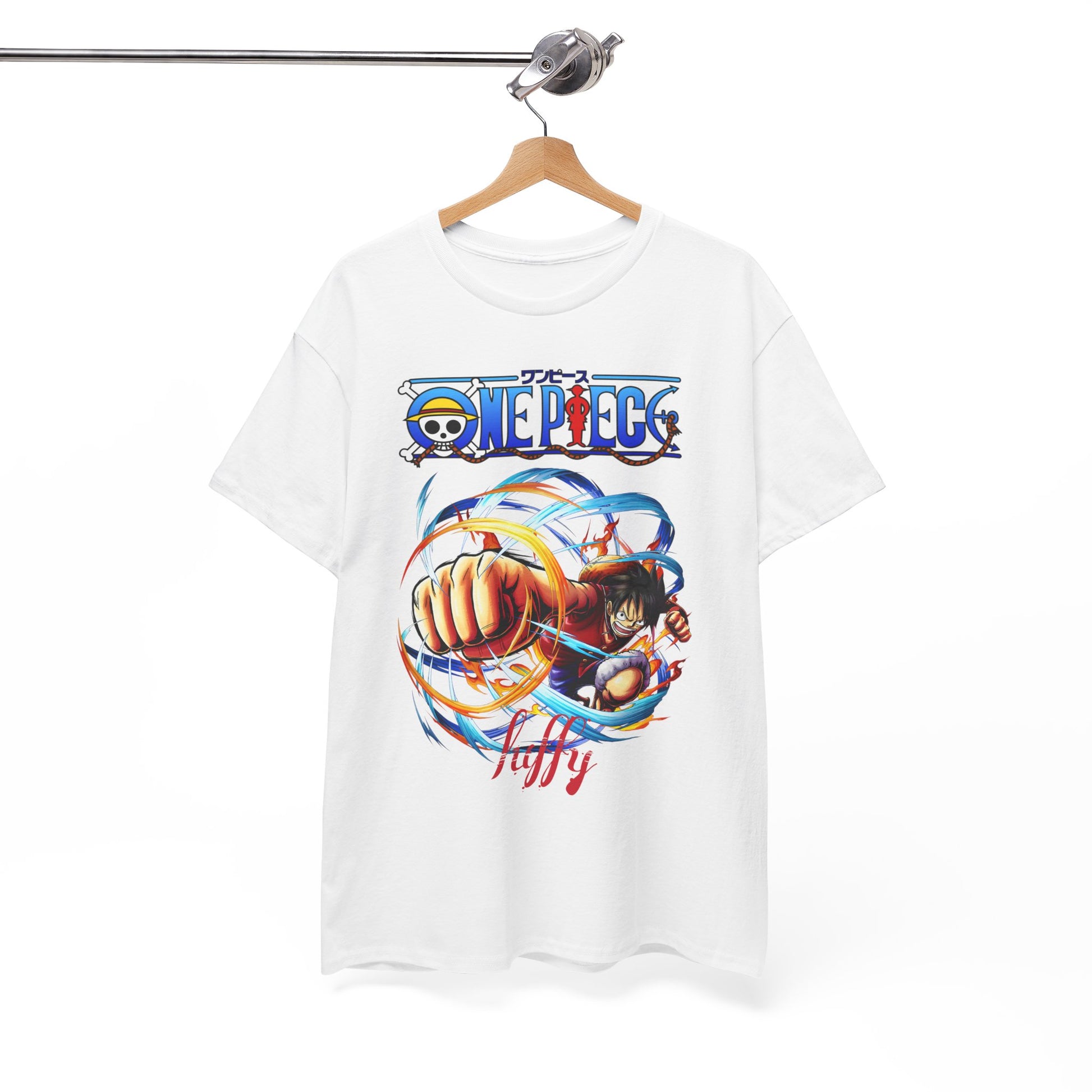 Elegant hanging display of a premium white t-shirt adorned with a vivid graphic of Luffy from One Piece, radiating adventure and personality, ideal for any casual outing.