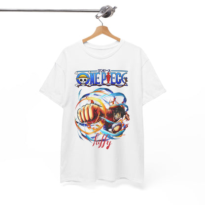Elegant hanging display of a premium white t-shirt adorned with a vivid graphic of Luffy from One Piece, radiating adventure and personality, ideal for any casual outing.