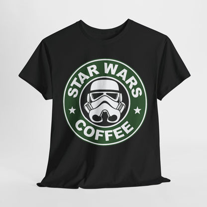 Luxury Star Wars Coffee T-Shirt featuring a Stormtrooper helmet design in a circular logo, a stylish unisex graphic tee perfect for fans of both coffee and the iconic saga.