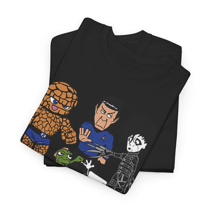 Stylish Rock Paper Scissors Unisex Graphic T-Shirt featuring playful illustrations of iconic characters in a whimsical showdown, perfect for fans of pop culture.
