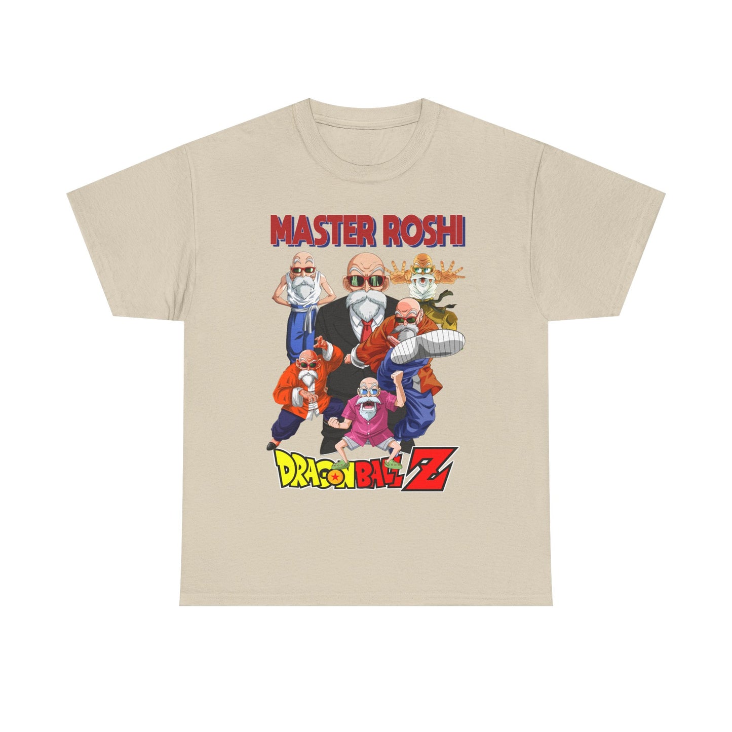 Sophisticated beige Dragon Ball Z Master Roshi men's t-shirt displaying an artistic representation of Master Roshi, a must-have for discerning anime fans.
