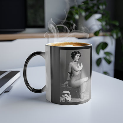 Princess Leia Heat Change Mug in a stylish setting, steaming with coffee, embodying a blend of luxury, art, and humour.