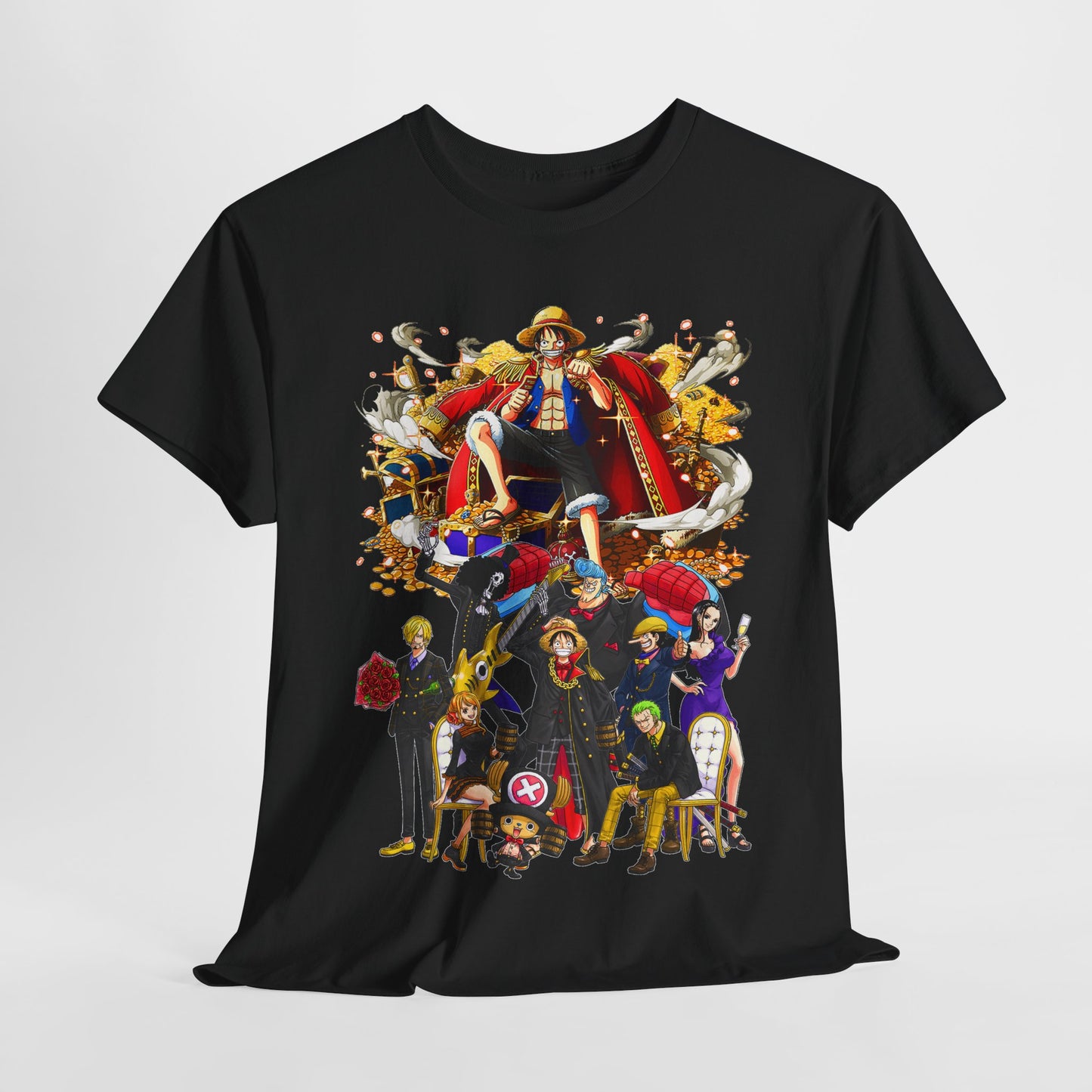 Luxurious graphic t-shirt featuring an iconic adventure crew design from a renowned anime series, showcasing vibrant colours and intricate character illustrations on a black fabric.