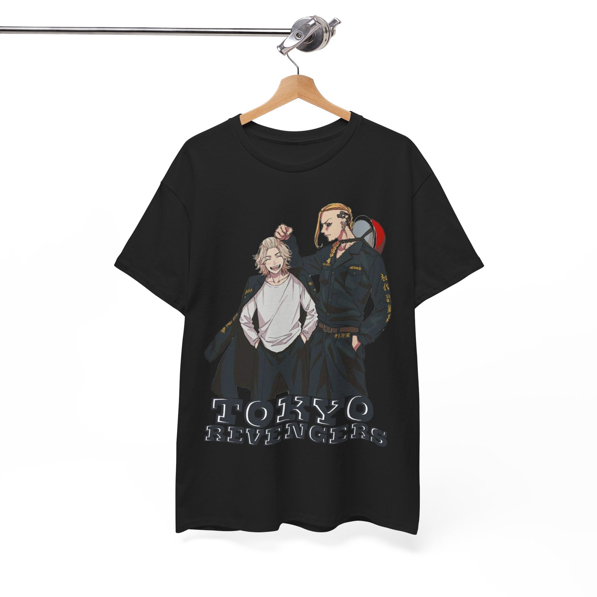 Elegantly displayed Tokyo Revengers graphic tee hanging on a stylish wooden hanger, showcasing anime-inspired design and contemporary style.