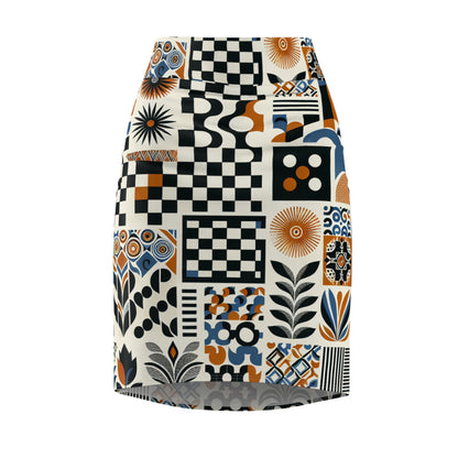 Evelyn Chicane Pencil Skirt by Dazzling Dreams Studio featuring a vibrant contemporary pattern with checkerboard and organic shapes on a bright white backdrop, showcasing its high-quality fabric and body-hugging fit for modern elegance.