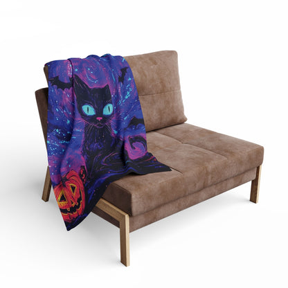 Stylish Decorative and Warm Halloween Spooky Arctic Fleece Blanket draped over a modern chair, illustrating a mystical cat and pumpkin design, elevating any living space with luxury Halloween charm.
