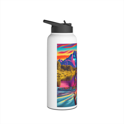 Stylish Fantasy Paddleboarding Stainless Steel Water Bottle featuring captivating mountain scenes and paddleboarder artwork, a must-have for outdoor enthusiasts.