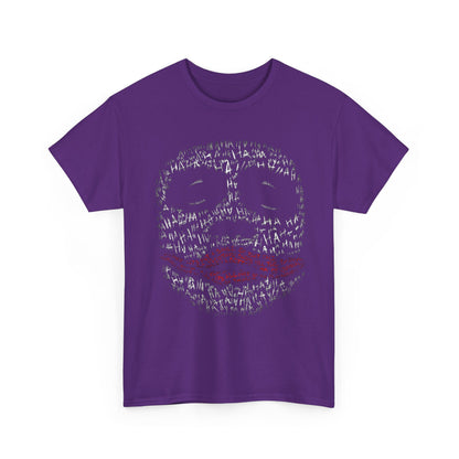 High-end purple tee presenting a whimsical Joker graphic intertwined with 'HA' patterns, ideal for making a bold fashion statement.