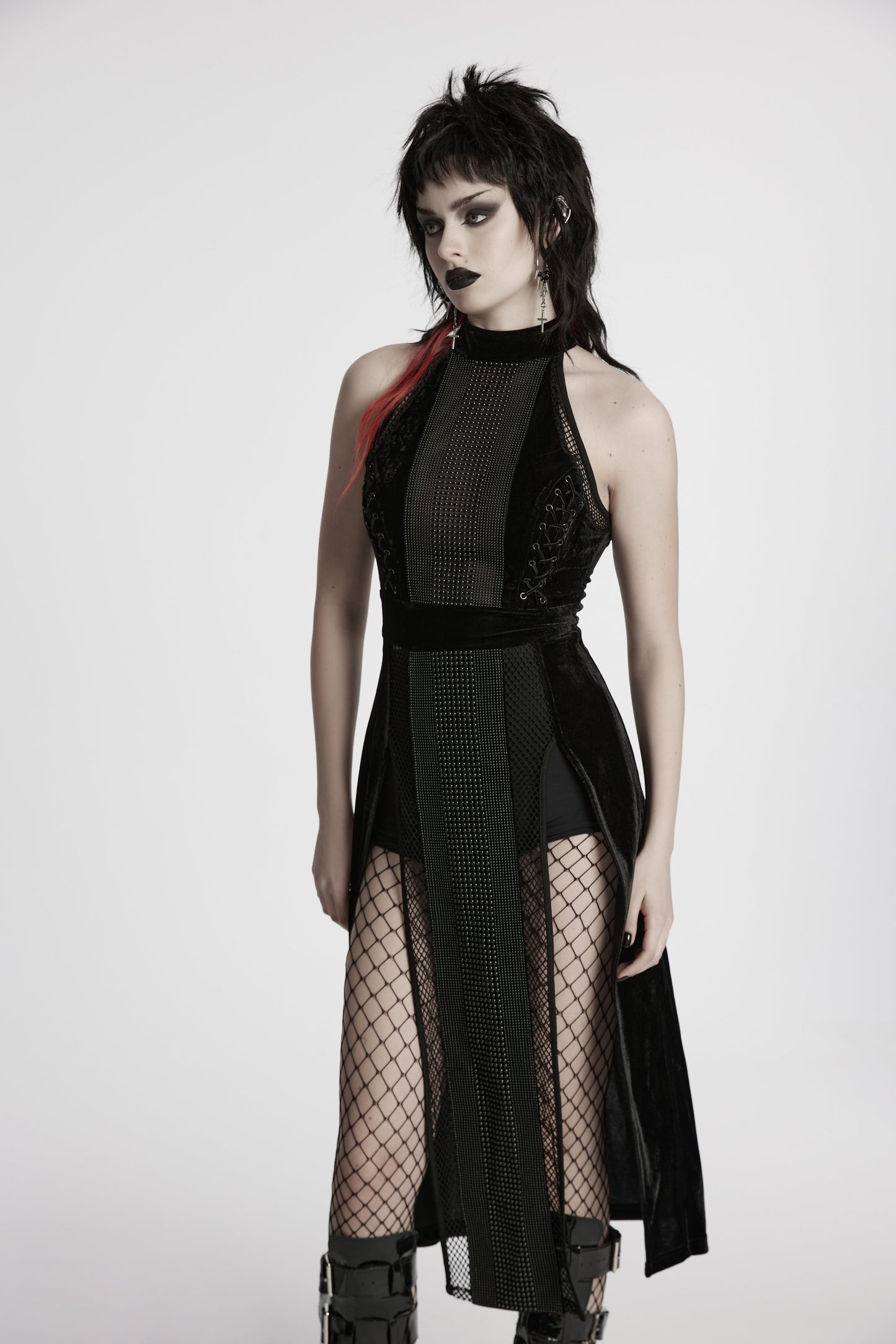 Close-up detail of the intricate bead embellishments on the Punk Rave Selene Black Velvet Mesh High Slit Goth Dress, accentuating its luxurious gothic appeal.