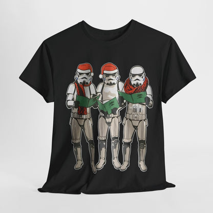 Luxury Carol Singing Stormtroopers Star Wars Graphic T-Shirt on display, featuring a whimsical design with stormtroopers in festive attire, perfect for urban unisex fashion enthusiasts.