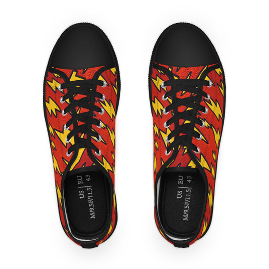 Top view of the Zara Boltstorm Men's Lowtop Sneakers, elegantly designed with a vibrant pop art theme, highlighted by eye-catching orange lightning bolts against a vivid red canvas, representing modern luxury footwear.
