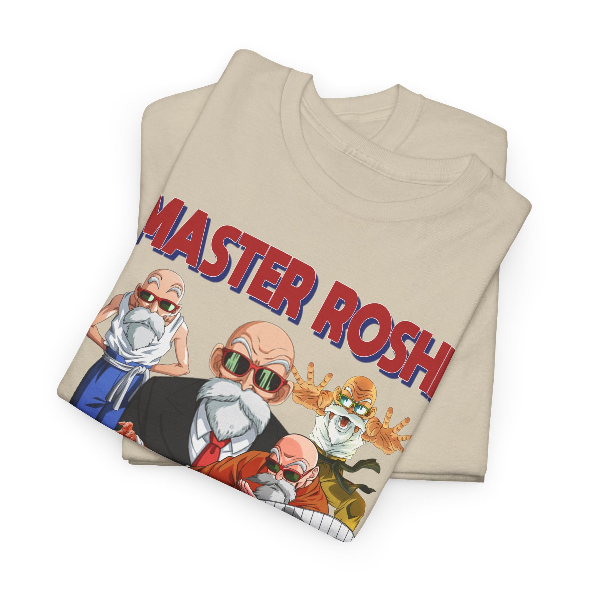 Elegant stack of Dragon Ball Z Master Roshi T-shirts showcasing dynamic designs, ideal for collectors of quality anime apparel.