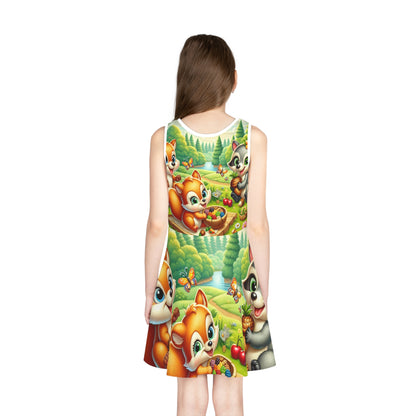 Vibrant, luxurious fabric of the Lola Brielle Girls Sundress showcasing delightful illustrations of whimsical wildlife, perfect for creating joyful summer memories, exclusively from Dazzling Dreams Studio.
