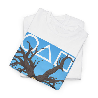 Stylish folded white t-shirt exuding sophistication, featuring a captivating Squid Game design with artistic representations of characters.