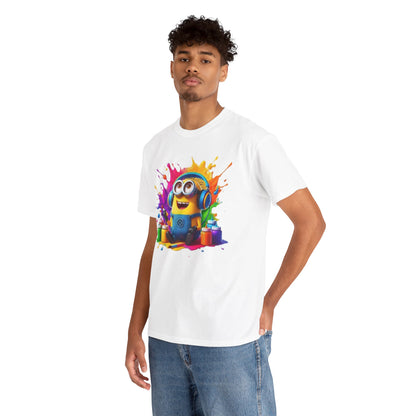 A fashionable male model showcasing a striking white t-shirt adorned with a playful Minion character, set against a minimalist background, illustrating a blend of style and creativity.
