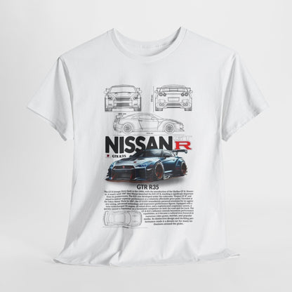 Men's and Womens' Nissan GTR R35 T-Shirt featuring a dynamic car design with technical details and a vivid colour print, ideal for automotive enthusiasts.