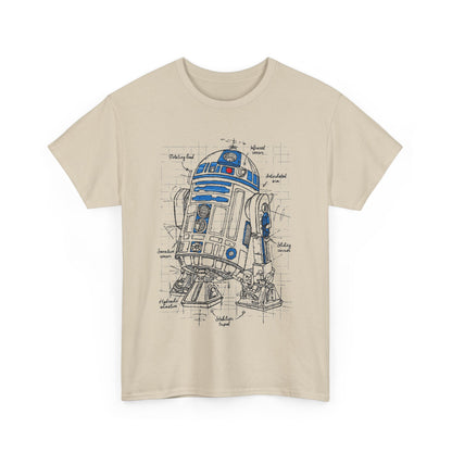 Unisex cotton R2-D2 Star Wars Funny Gift Graphic T-Shirt in premium beige, highlighting blueprint illustrations of the beloved robot.