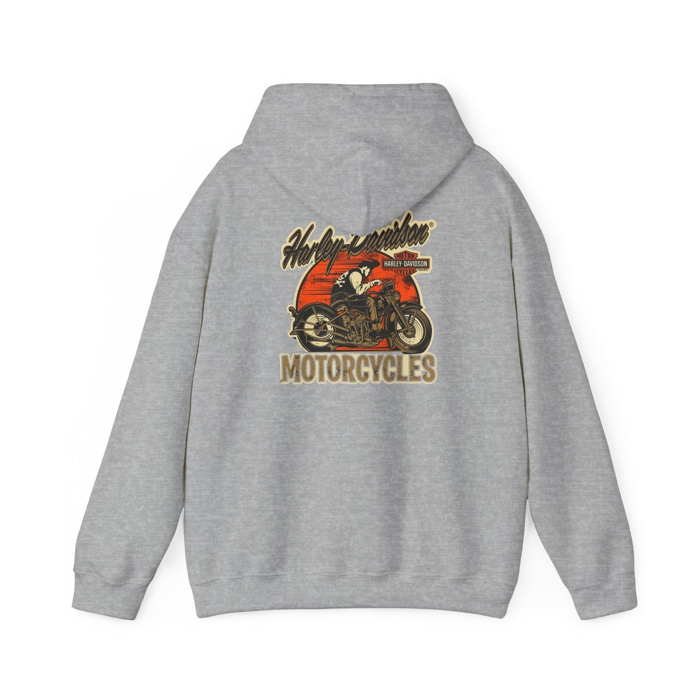 Vintage Harley-Davidson hoodie showcased in grey, featuring a stunning back print of a classic motorcycle against an orange sunset, perfectly embodying adventure and style.