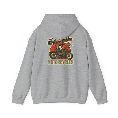 Vintage Harley-Davidson hoodie showcased in grey, featuring a stunning back print of a classic motorcycle against an orange sunset, perfectly embodying adventure and style.