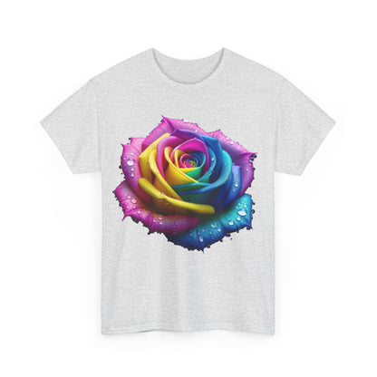 Front view of the Rainbow Rose Unisex Cotton Tee Graphic T Shirt featuring a vibrant rainbow rose graphic with water droplets, a celebration of nature's beauty.