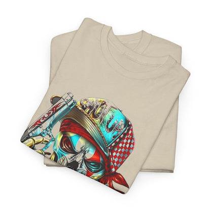 Folded men's t-shirt displaying a bold skull design with intricate details, perfect for those who appreciate standout style.