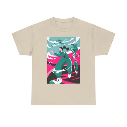 Elegant unisex graphic tee featuring a stylish illustration inspired by the hit series, Squid Game, showcasing dynamic figures in motion against a vivid pastel background.