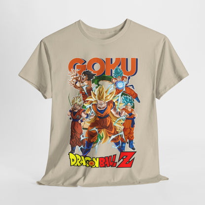 Luxury Goku Power Surge T-Shirt featuring vibrant Dragon Ball Z graphics, showcasing Goku in dynamic poses, perfect for anime enthusiasts.