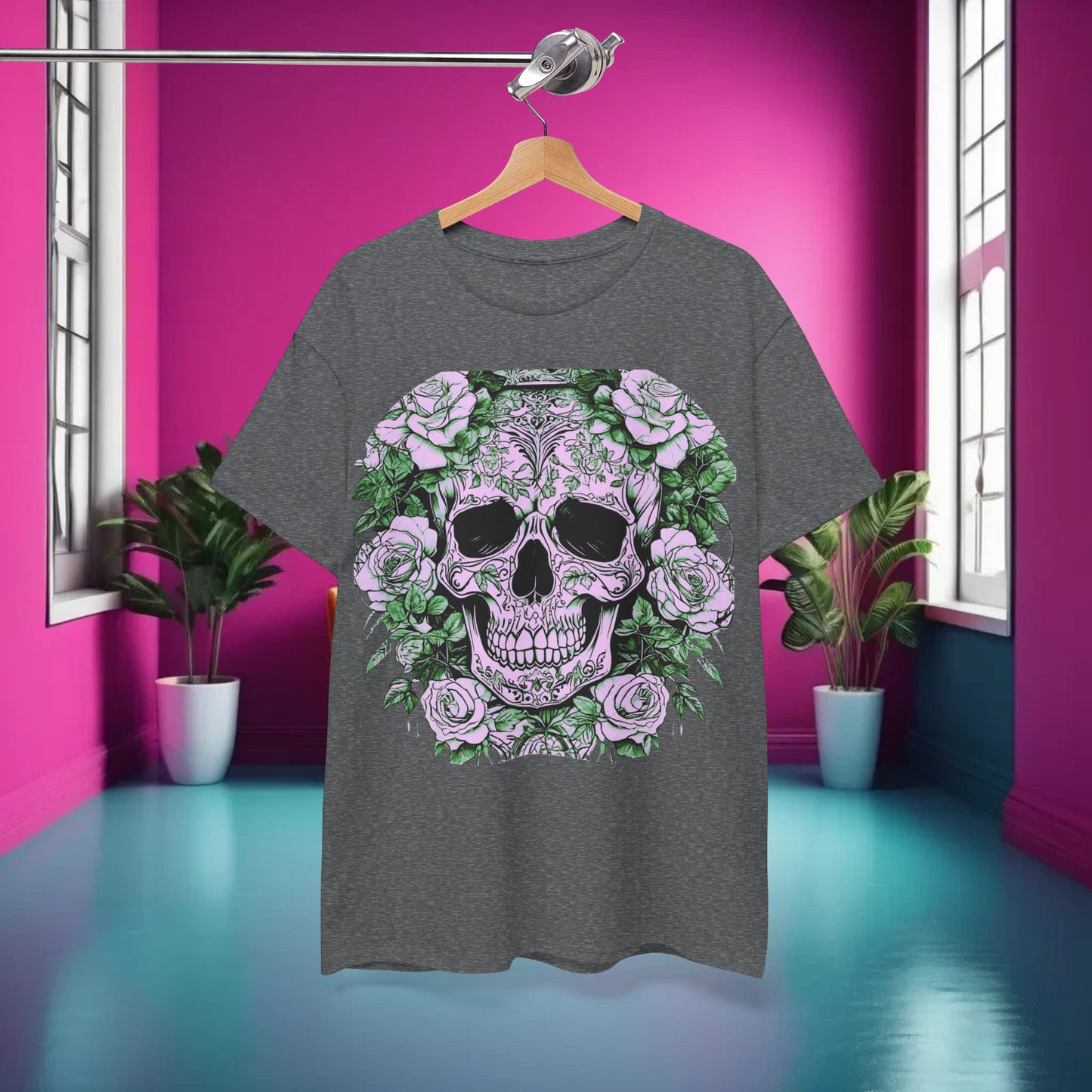 Skulls and Roses Cotton Tee, Unisex Graphic Shirt, 7 color choice