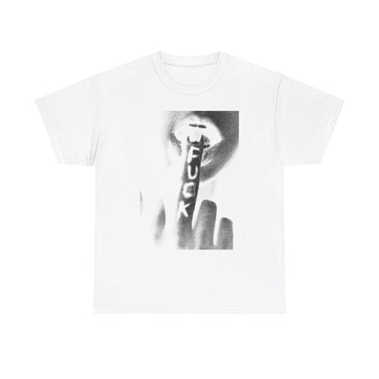 Distinctive white cotton tee showcasing a striking black and white graphic of a finger pressed against lips, exuding a sense of artistic audacity.