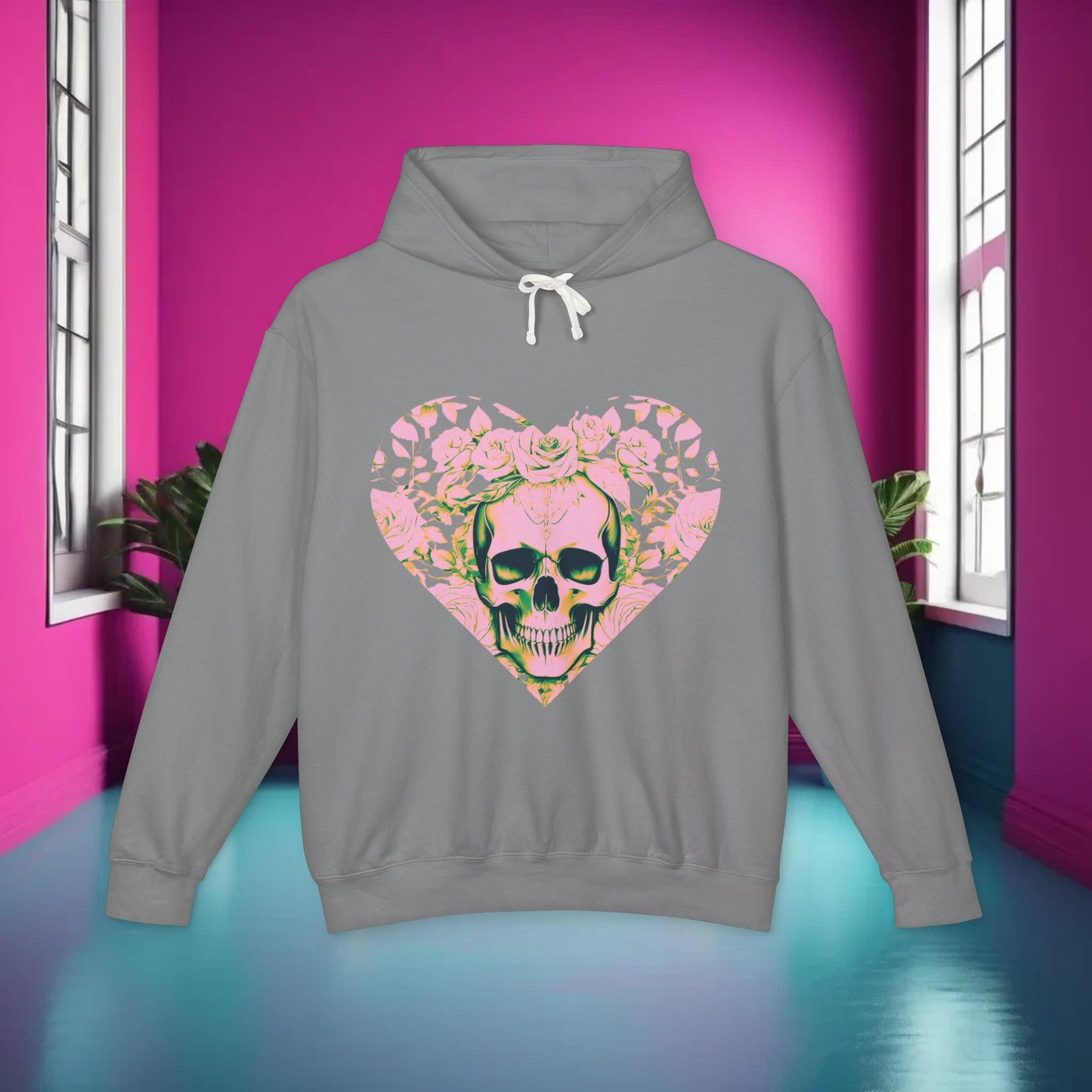 Skull and Roses Lightweight Hoodie, Unisex Edgy Designer Sweatshirt, Hipster