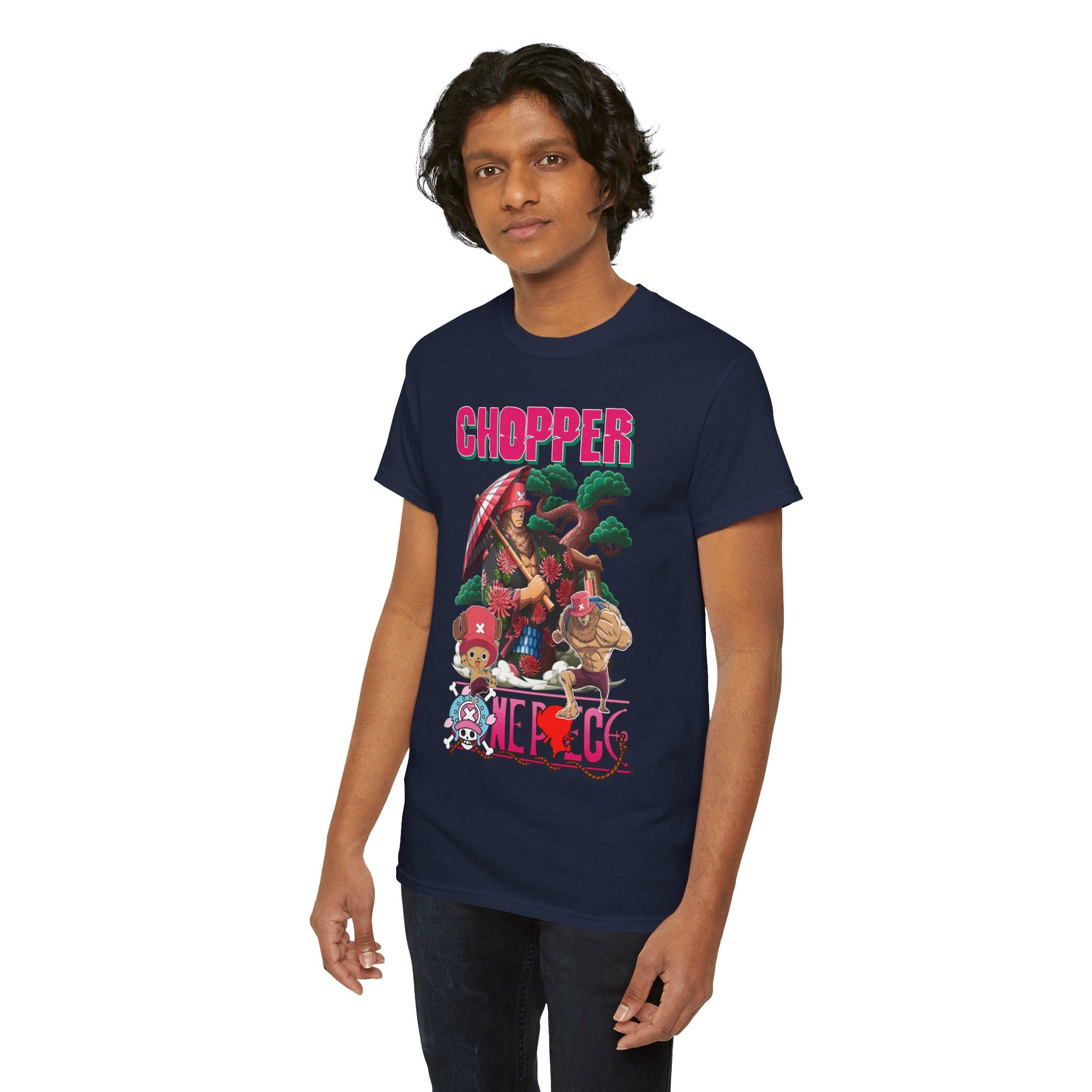 Stylish men's navy T-shirt featuring vibrant graphic art of characters, perfect for anime enthusiasts looking to make a fashion statement.