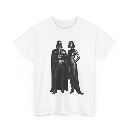 Mr + Mrs Vader Star Wars Unisex Mens Graphic Cotton Funny T Shirt Tee Vintage presented with striking imagery of Sith characters in a refined white t-shirt.