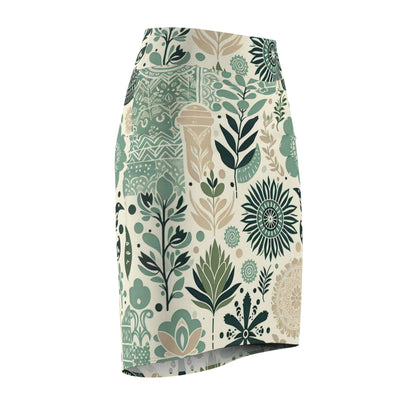 Close-up view of the soft fabric of the Leilani Beaumont Pastel Green Pencil Skirt from Dazzling Dreams Studio, highlighting the eco-friendly materials and intricate block print.