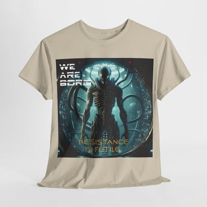 Borg Assimilated Xenomorph Graphic T-Shirt in beige displaying a captivating graphic art that includes the words 'WE ARE BORG' and 'RESISTANCE IS FUTILE', perfect for discerning fans of luxury and science fiction.