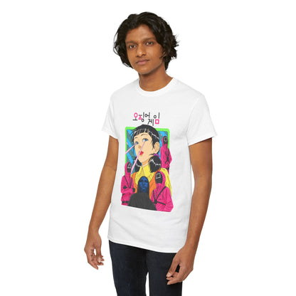 Sophisticated unisex white graphic T-shirt worn by a young man, featuring a striking cartoon design inspired by a renowned Netflix series, perfect for those seeking unique and stylish apparel.