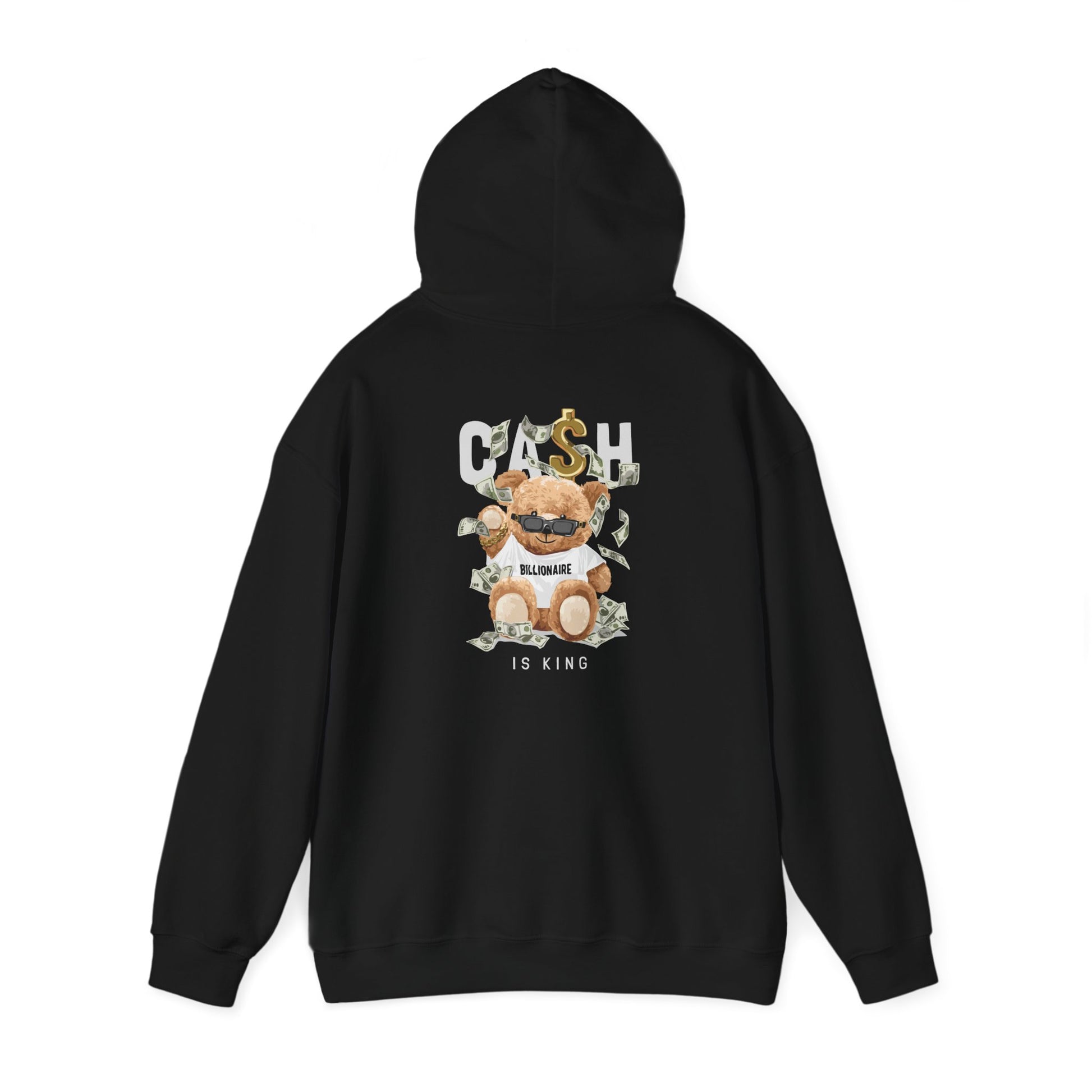 Sleek black hoodie showcasing the stylish teddy bear graphic with glasses and dollar motifs, embodying luxury and casual sophistication.