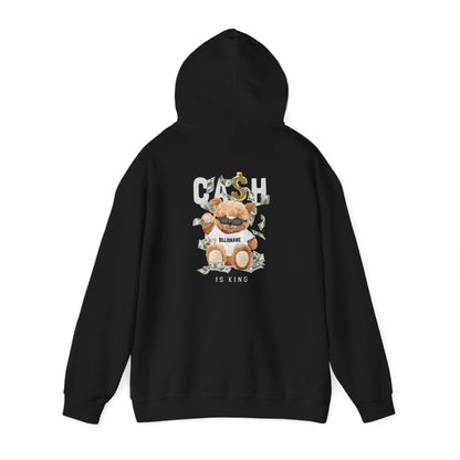 Sleek black hoodie showcasing the stylish teddy bear graphic with glasses and dollar motifs, embodying luxury and casual sophistication.