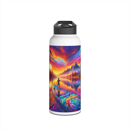 Elegant Fantasy Paddleboarding Stainless Steel Water Bottle with a stunning sunset scene and paddleboarder, designed for those who appreciate luxury and functionality.