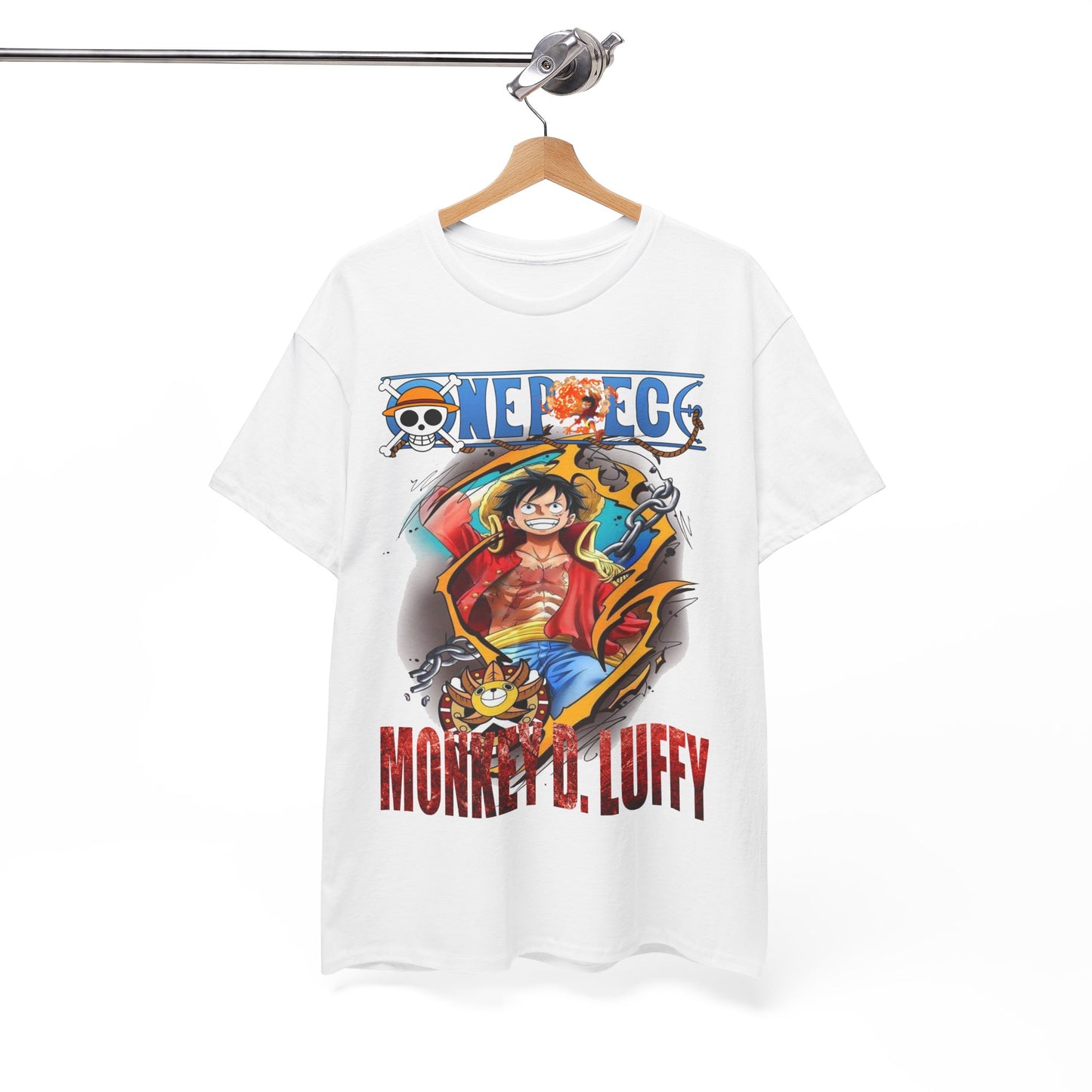 Elegant hanging white t-shirt displaying a bold graphic of Monkey D. Luffy, adorned with vibrant sketches and the iconic ONE PIECE logo, perfect for adventurous spirits.