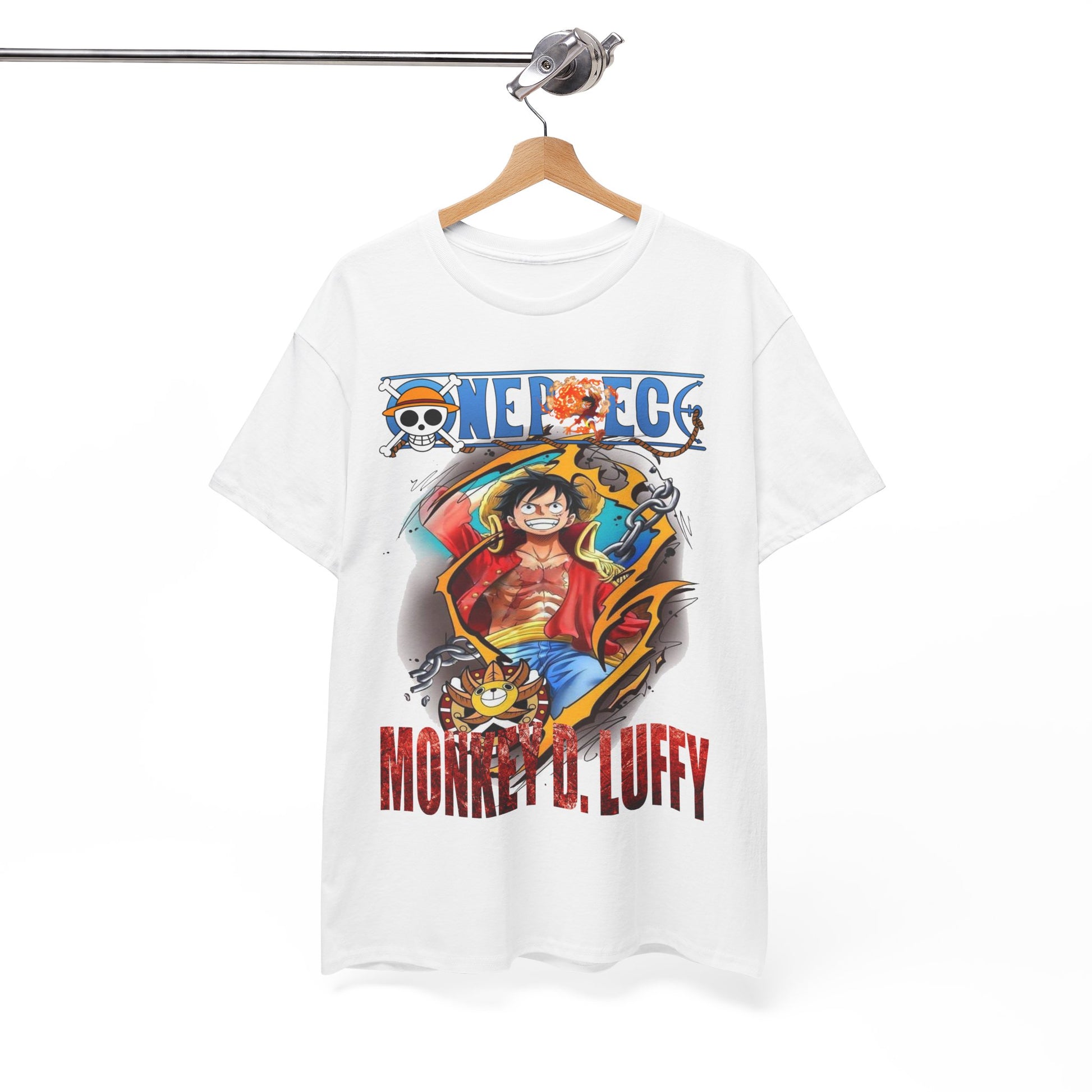 Elegant hanging white t-shirt displaying a bold graphic of Monkey D. Luffy, adorned with vibrant sketches and the iconic ONE PIECE logo, perfect for adventurous spirits.