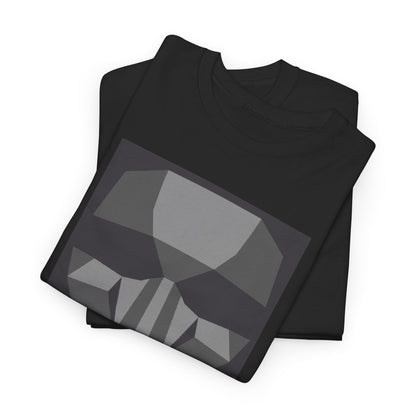 Sophisticated black t-shirts stacked neatly, displaying a geometric face print with the phrase 'BEGIN THE NEXT GAME', a chic choice for casual wear.