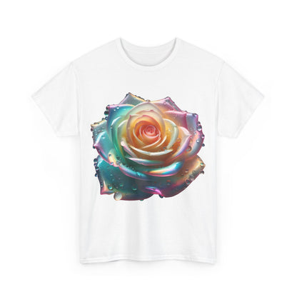 Ethereal Rose Unisex Cotton Tee featuring a stunning artistic floral design with iridescent accents, showcasing a close-up of a lavish rose with droplets.