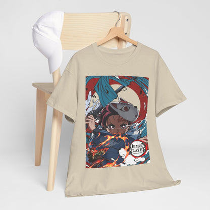 High-end clothing presentation with a luxurious beige t-shirt and a stylish cap, showcasing the dynamic Demon Slayer anime artwork, perfect for fashion-forward fans.