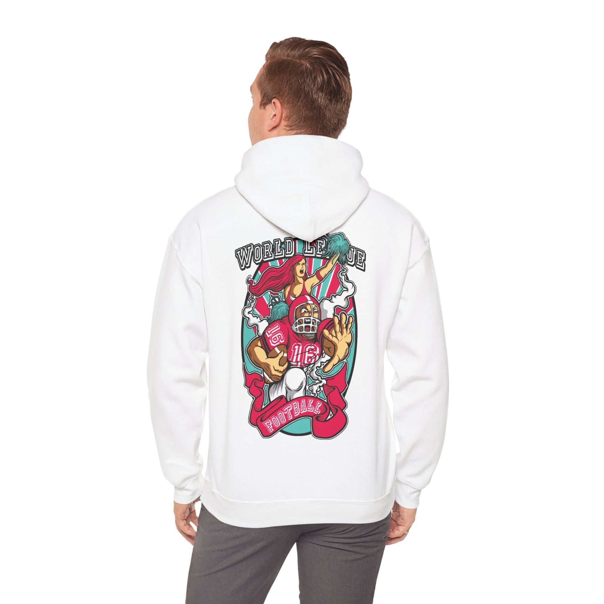 Luxury white back print hoodie featuring a vibrant American football design with a spirited cheerleader and bold lettering 'WORLD LEAGUE FOOTBALL'.