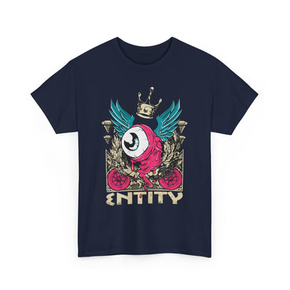 Premium men's t-shirt in navy blue, adorned with a striking grotesque eye graphic and teal wings, perfect for an artistic streetwear look.